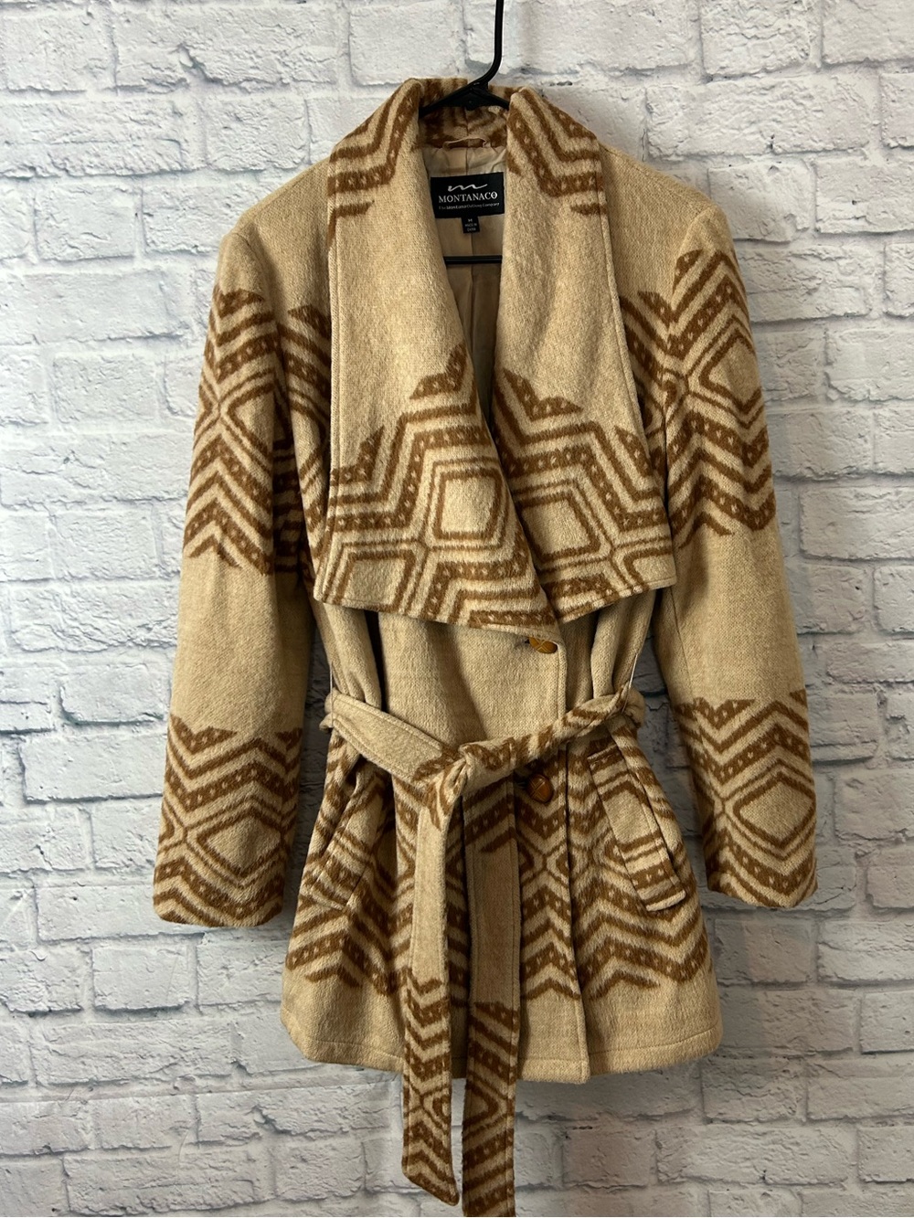 Montanaco Medium Wool Blend Belted Coat Southwestern Geometric Wrap Jacket